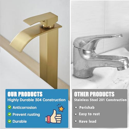 RUMOSE Tall Bathroom Faucet Vessel Sink Faucet with Drain, Brushed Gold | Modern Single Handle One Hole Bathroom Faucet Waterfall Rv Lavatory Vanity Faucet Mixer Tap, Pop Up Drain, Stainless Steel - color: Brushed Gold