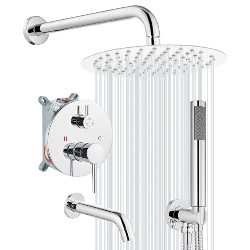 gotonovo Tub Shower Faucet Set with Valve,Polish Chrome,Straight Handheld | 10” Rain Shower Head with Handheld Trim Kit,Luxury Shower System with Tub Spout,All Metal,Bathroom Wall Mounted 3 Function - color: Chrome