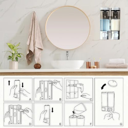 2-Chamber 10oz/300ML Silver Plastic Hand Wall Mounted Soap Dispensers | Refillable Shampoo Conditioner Shower Dispenser No Drill, Clear Manual Pump Dispenser for Bathroom Hotel Kitchen - color: 2-chamber Silver