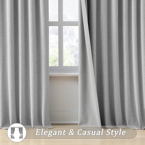 RAIN CITY Grey Linen Blackout Curtains 63 Inches Long 2 Panels 50 x 63 | 100% Light Blocking Textured Curtains for Bedroom Thermal Back Tab Rod Pocket Curtains with Hooks - color: Grey, size: 50"W x 63"L (Pack of 2)