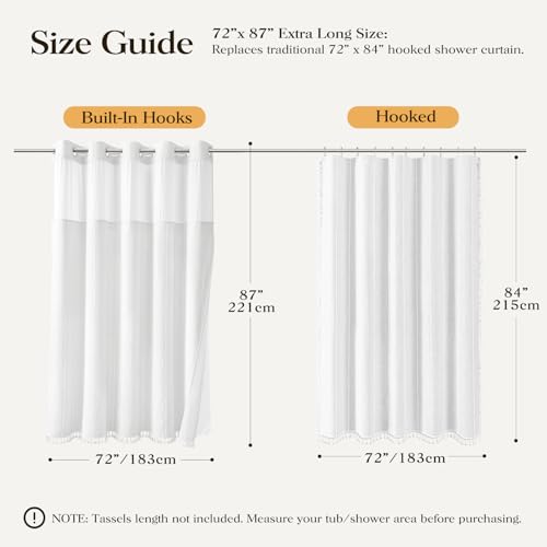 72x87 Ringless Boho Stripe Tassel Shower Curtain with Snap Liner White | Extra Long Size, Heavy Duty Linen Blend, 3 in 1 Shower Curtain Set, Farmhouse Style, Waterproof & Washable, Mesh Top Window - color: White, size: 72"W x 87"L (Pack of 1)
