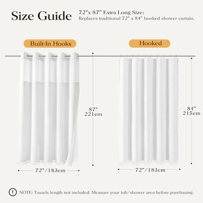 72x87 Ringless Boho Stripe Tassel Shower Curtain with Snap Liner White | Extra Long Size, Heavy Duty Linen Blend, 3 in 1 Shower Curtain Set, Farmhouse Style, Waterproof & Washable, Mesh Top Window - color: White, size: 72"W x 87"L (Pack of 1)