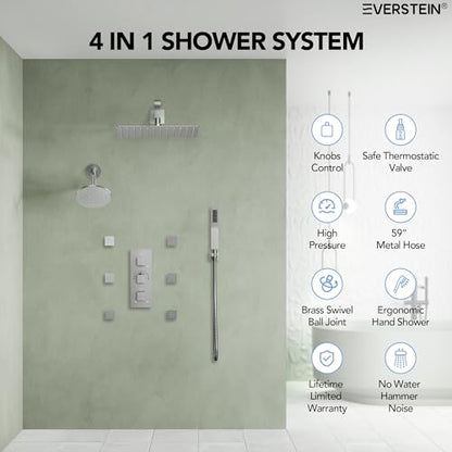 Wall Mount 12" High-Pressure Rainfall Shower Faucet, Dual Rainfall Shower Head System with 6 Body Jets (Brushed Nickel) | Wall Mount, High-Pressure, Dual Rainfall Shower Head System, 6 Body Jets - color: Brushed Nickel