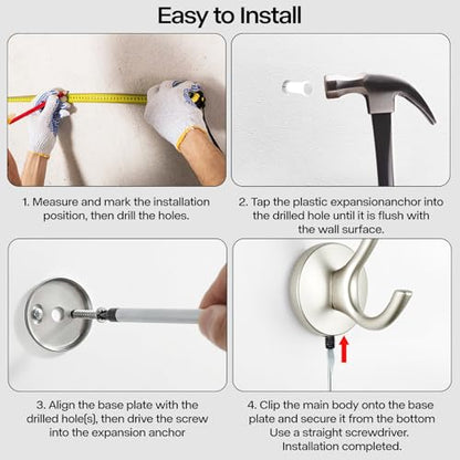 Matte Silver Towel Hooks 4 Pack, Heavy Duty Zinc Alloy Double Prong Coat Robe Hooks, Wall Mounted Towel Hooks for Bathroom, Kitchen, Closet, Garage, Entryway (195silver) - color: Brushed silver