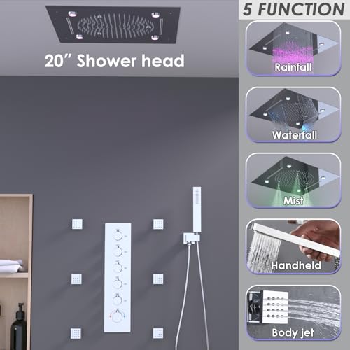 Enga 20 Inch Rain Shower System, LED Atomizing Rainfall Waterfall Large Horizontal Square Ceiling Shower Head with Remote Control Thermostatic Shower Faucet Set Flow Can Be Controlled, Chrome - color: Chrome, style: 20" Head (Rain + Mist+Waterfall) - Jets
