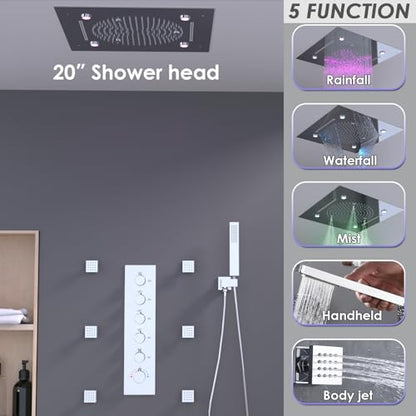 Enga 20 Inch Rain Shower System, LED Atomizing Rainfall Waterfall Large Horizontal Square Ceiling Shower Head with Remote Control Thermostatic Shower Faucet Set Flow Can Be Controlled, Chrome - color: Chrome, style: 20" Head (Rain + Mist+Waterfall) - Jets