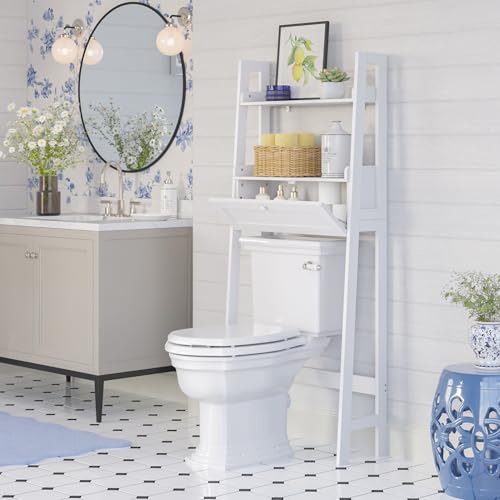 RiverRidge Amery Over the Toilet Spacesaver Storage Shelf, White | Ladder Shelf Design, Bathroom Medicine Cabinet with Drop-Down Door for Hidden Storage, Linen and Toiletries Cabinet Organizer