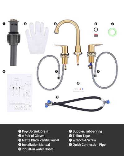 Bathroom Faucet 3 Hole Gold, 8 Inch Widespread Vanity Sink Faucets | Metal Zinc Alloy+ABS Gold Bathroom Sink Faucet with Swivel Spout, Two Handles Lead-Free Tap with Drain and cUPC Supply Line - color: Gold