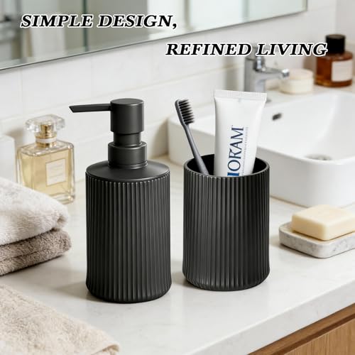 Bathroom Accessories Set Black Soap Dispenser Toothbrush Cup Set | Plastic Bathroom Set Accessories, 2-Piece Bathroom Counter Set for Modern Decor - size: Bath Set (2PC)