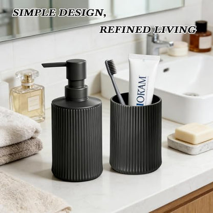 Bathroom Accessories Set Black Soap Dispenser Toothbrush Cup Set | Plastic Bathroom Set Accessories, 2-Piece Bathroom Counter Set for Modern Decor - size: Bath Set (2PC)