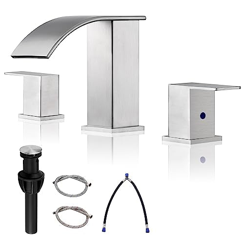 Bathroom Faucet 3 Holes Nickel - 8Inch Waterfall Bathroom Sink Faucet | Two Handles Widespread Lavatory Vanity Sink Faucets with Pop-up Drain Assembly & Supply Lines Brushed Nickel - color: A-Brushed Nickel 8In