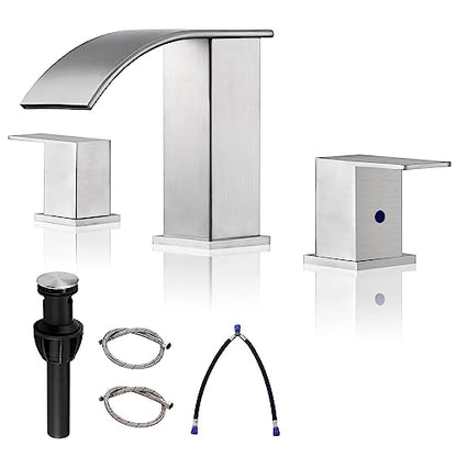 Bathroom Faucet 3 Holes Nickel - 8Inch Waterfall Bathroom Sink Faucet | Two Handles Widespread Lavatory Vanity Sink Faucets with Pop-up Drain Assembly & Supply Lines Brushed Nickel - color: A-Brushed Nickel 8In