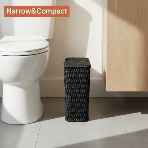 Coeusy 3 Gallon Paper Rope Bathroom Trash Can,Small Wicker Trash Cans with Lid and Liner,Woven Rattan Narrow Waste Basket for Bedroom,Office,Black - color: Black