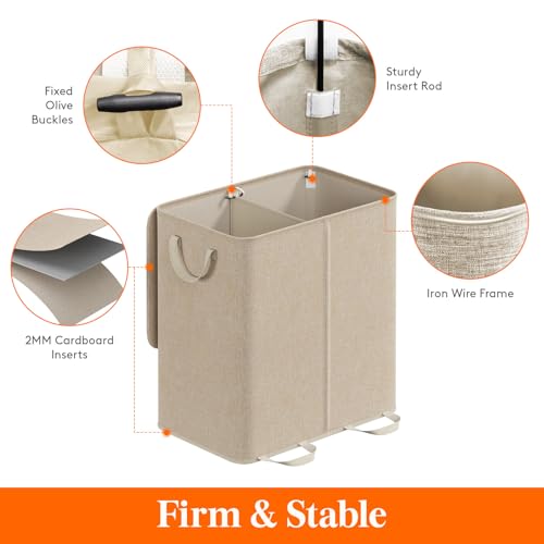 Lifewit Double Laundry Hamper with Lid and Removable Laundry Bags, Large Collapsible 2 Dividers Dirty Clothes Basket with Handles for Bedroom Laundry Room Closet Bathroom College, 136L Beige - color: Beige, size: 136L