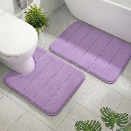 2 Piece Memory Foam Bath Mat Set, Extra Soft Absorbent Bathroom Rugs with U-Shaped Toilet Rug, Non-Slip Backing, Machine Washable, 24x16 + 20x20 U-Shaped, Lavender - color: Lavender