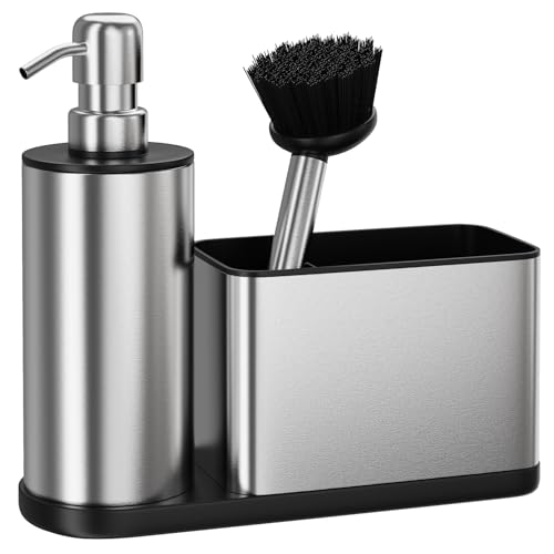 Kitchen Sink Caddy Organizer Stainless Steel Dish Soap Dispenser Set-3 in 1 | Kitchen Soap Dispenser,Sponge Holder for Kitchen Sink with Dish Brush,Dish Brush Holder-Rustproof,Multifunctional