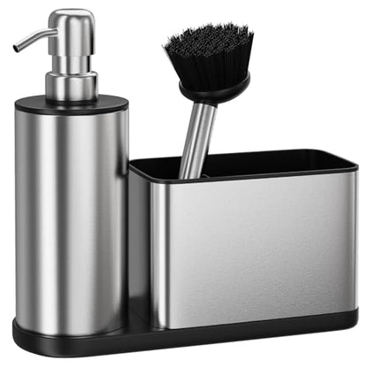 Kitchen Sink Caddy Organizer Stainless Steel Dish Soap Dispenser Set-3 in 1 | Kitchen Soap Dispenser,Sponge Holder for Kitchen Sink with Dish Brush,Dish Brush Holder-Rustproof,Multifunctional