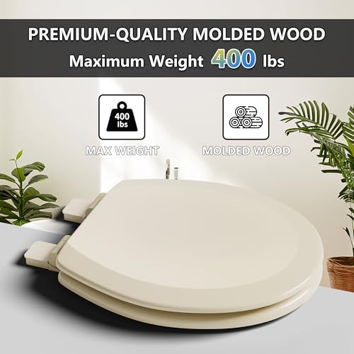 Angol Shiold Slow Close Wood Toilet Seat（Bone, Round 16.5''） | Durable enameled wood round toilet seat, adjustable non-slip hinges, anti-pinch bumpers, easy to install and clean