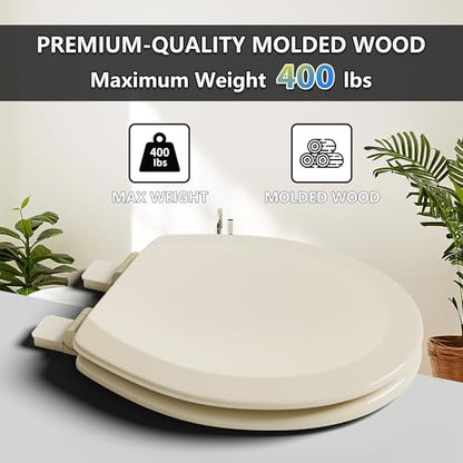 Angol Shiold Slow Close Wood Toilet Seat（Bone, Round 16.5''） | Durable enameled wood round toilet seat, adjustable non-slip hinges, anti-pinch bumpers, easy to install and clean