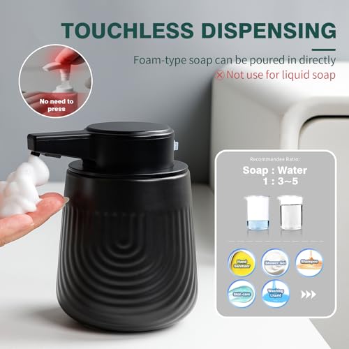 BosilunLife Ceramic Automatic Soap Dispenser with Extended Pump Nozzle, 3 Adjustable Levels, Touchless Foam Hand Wash Foaming Dispenser for Bathroom & Kitchen, Embossed Wave Design, Black, 10oz - color: Embossed Wave-black