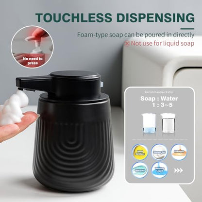 BosilunLife Ceramic Automatic Soap Dispenser with Extended Pump Nozzle, 3 Adjustable Levels, Touchless Foam Hand Wash Foaming Dispenser for Bathroom & Kitchen, Embossed Wave Design, Black, 10oz - color: Embossed Wave-black