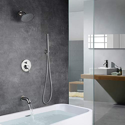 SUMERAIN Brushed Nickel Shower System with Waterfall Tub Spout | 8" Stainless Steel Rain Shower, Brass Handheld Shower, Brass Rough in Valve, Concealed Box Design - color: Brushed Nickel, size: 3 Function