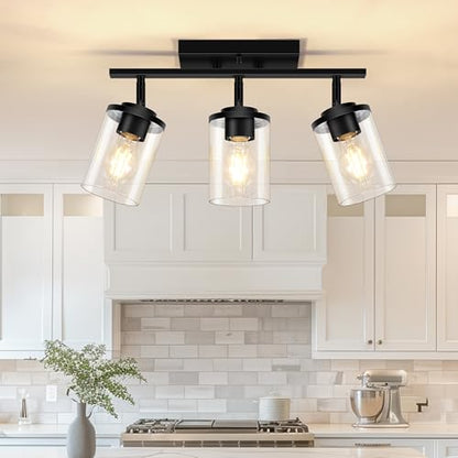 FadimiKoo 3-Lights Semi Flush Mount Ceiling Light, Adjustable Kitchen Light Fixtures Ceiling Mount with Clear Glass Shades, Rotatable Black Track Lighting Fixtures for Hallway, Foyer, Bedroom - color: Black, size: 3-Lights