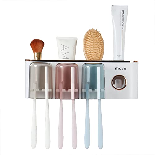 iHave Toothbrush Holders for Bathrooms Wall Mounted with Dispenser & 3 Cups | 9 Slots Wall Mount Toothbrush Holders for Bathrooms with Squeeze Toothpaste Dispenser, 3 Cups & 3 Compartments Organizer - color: White 3 Cups