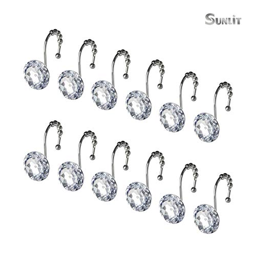 Sunlit Luxury Design Round Clear Diamond Crystal Gem Bling with Glide Balls Shower Curtain Hooks, Rust Proof Metal Rhinestones Glam Shower Curtain Rings-12 Pack - color: Clear