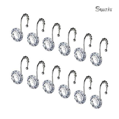 Sunlit Luxury Design Round Clear Diamond Crystal Gem Bling with Glide Balls Shower Curtain Hooks, Rust Proof Metal Rhinestones Glam Shower Curtain Rings-12 Pack - color: Clear
