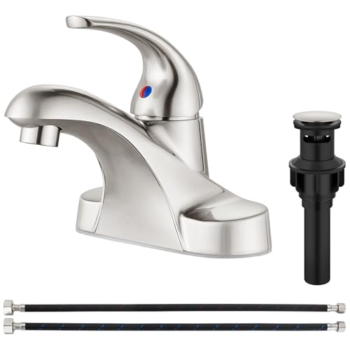 Brushed Nickel Bathroom Sink Faucet,Single Handle 4 Inch Centerset | Single-Handle RV Bathroom Faucet Fits 4-Inch Centerset Sinks,Includes Hot And Cold Supply Lines And A Matching Pop-Up Drain - color: Brushed Nickel