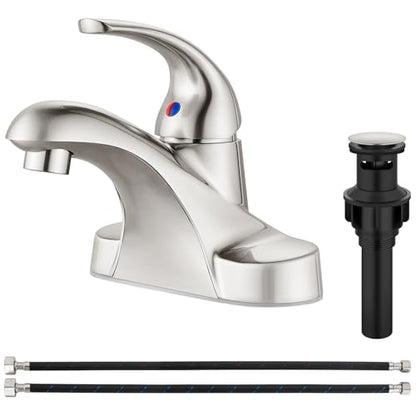 Brushed Nickel Bathroom Sink Faucet,Single Handle 4 Inch Centerset | Single-Handle RV Bathroom Faucet Fits 4-Inch Centerset Sinks,Includes Hot And Cold Supply Lines And A Matching Pop-Up Drain - color: Brushed Nickel