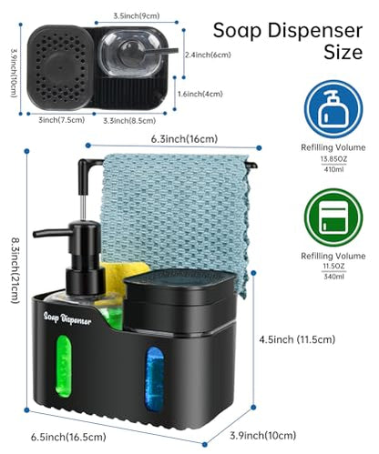Hand Soap and Dish Soap Dispenser Set for Kitchen, Dual Soap Dispenser with Sponge Holder and Dishcloth Holder 4-in-1 Organizer for Kitchen Sink Countertop, Useful Kitchen Gadgets (Black) - color: Black