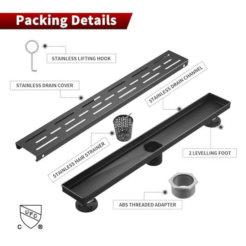 Sharp-tec Linear Shower Drain, 24 inch Shower Drain with Removable Pattern Cover, Matte Black 304 Stainless Steel Rectangle Floor Drain, Adjustable Feet and Hair Strainer Included (Model 101) - color: Matte Black, size: 24 inch