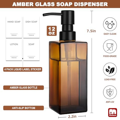 GMISUN Amber Glass Soap Dispenser, 2 Pack Hand Soap Dispenser Bathroom, 12 fl oz/350ml Dish Dispenser Set for Kitchen, Glass Liquid Dispenser with Stainless Steel Pump, Brown Soap Dispensers Bottle - color: Amber Bottle + Black Pump
