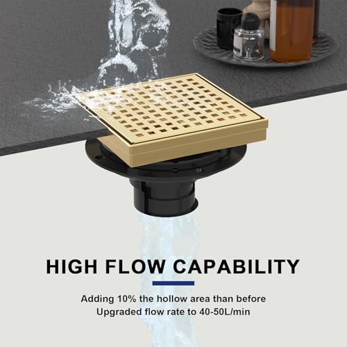 6 Inch Brushed Gold Square Shower Drain with Removable Grate | AISI 304 Stainless Steel Shower Drain, Shower Floor Drain with Hair Catcher & ABS Flange, Fits Bathroom & Balcony etc - color: Brushed Gold, size: 6 in