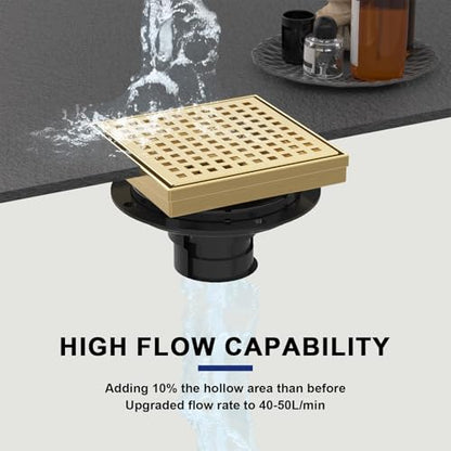 6 Inch Brushed Gold Square Shower Drain with Removable Grate | AISI 304 Stainless Steel Shower Drain, Shower Floor Drain with Hair Catcher & ABS Flange, Fits Bathroom & Balcony etc - color: Brushed Gold, size: 6 in