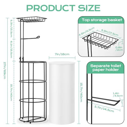 Toilet Paper Holder Stand and Tissue Paper Roll Dispenser with Basket for Bathroom Storage Holds Reserve, Black