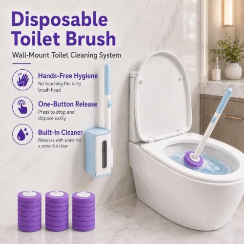 Disposable Toilet Bowl Cleaner Wand with Holder Set, Wall-Mounted | Hands Free Toilet Scrubber Wand, Bathroom Cleaning Supplies, 1 Wand and Holder with 24 Purple Refills, Light Lavender Scent