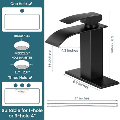 Bathroom Faucets Black Waterfall Single Handle Bathroom Sink Faucet | with Pop-up Drain & Deck,Supply Hoses,Matte Black Single Handle Vanity Faucet,Stainless Steel,1 or 3 Hole,RV,Fits Home - color: A-Matte Black, style: Short