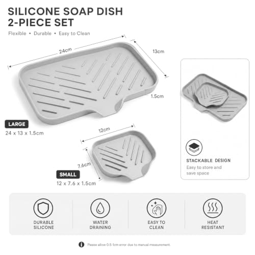 2 PCS Silicone Soap Dish with Drain, Soap Holder Sponge Drain Rack, Self-Draining Sink Organizer Tray for Kitchen & Bathroom - color: Grey