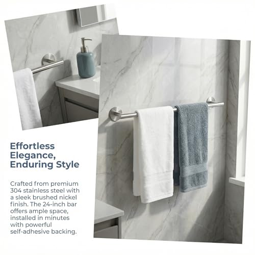 Brushed Nickel 24 Inch Self Adhesive Towel Bar for Bathroom &Shower - color: Brushed Nickel, size: 23.6 Inch