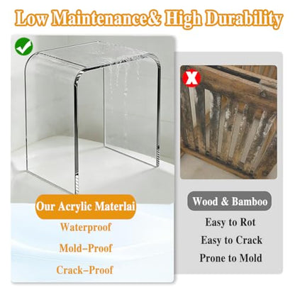 Acrylic Shower Stool for Inside Shower, Clear Bathroom Bench, Non-Slip Waterproof Bath Seat for Shaving Legs & Spa, Supports up to 330 lbs