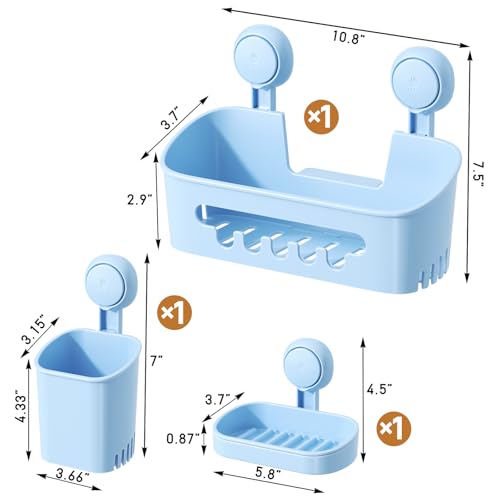 Shower Caddy Suction Cup Set Shower Organizer & Soap Holder, Blue | Toothbrush Holder, Bathroom Shelf Basket NO-Drilling, Removable Shower Storage, Waterproof Bathroom Holder - color: 3 × Blue