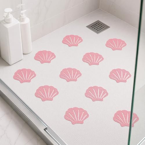 12 Pack Non Slip Bathtub Stickers, Shell Design Adhesive Shower Floor Decals, Anti Slip Bath Safety Treads for Tub and Shower, Bathroom Safety Accessories (Pink) - color: Pink