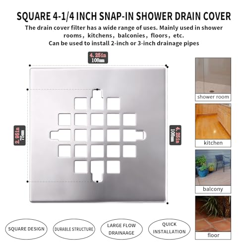 4-1/4 Inch Square Snap-in Shower Drain Brushed Nickel | 304 stainless steel Shower Strainer Grid, large flow anti-clog, 4.25 inch square size fits most household shower drains - color: Brushed Nickel