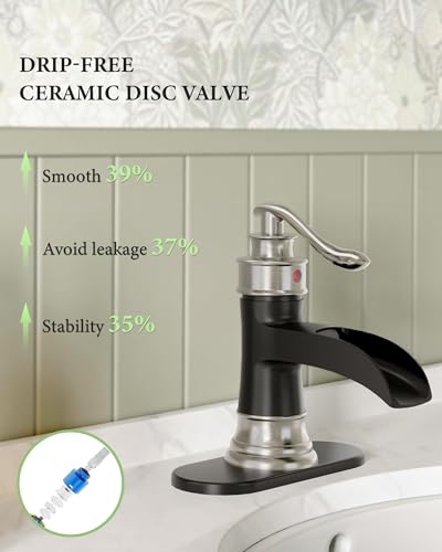Bathroom Sink Faucet Waterfall Single Handle Matte Black and Brushed Nickel | Lavatory Vanity Basin Mixer Tap One Hole Lever Deck Mount Commercial Supply Line by Homevacious - color: Black & Nickel