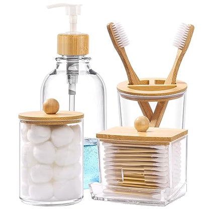 Bamboo Bathroom Accessories Set 4 Pcs - Clear Toothbrush Holder Plastic Soap Dispenser and 2 Qtip Holder Cotton Swab/Pad/Ball Container Jar