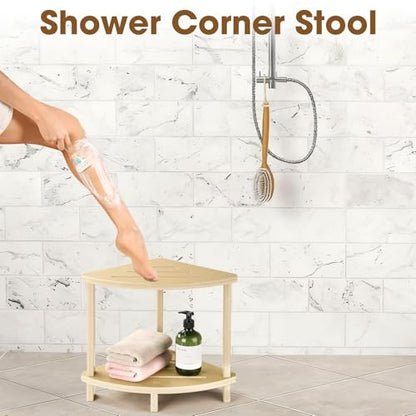 Corner Shower Stool for Inside Shower, 17in Shower Foot Rest for Shaving Legs with Storage Shelf 2-Tier, Waterproof Bath Stool Bench for Small Spaces Bathroom Seat