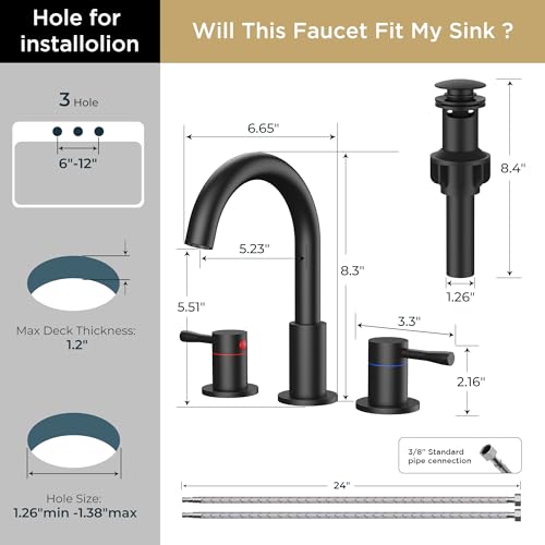 FORIOUS Bathroom Faucet 3 Hole, 360° Swivel 8 Inch Sink Faucet Matte Black | with Pop Up Drain, 2 Handles,for Sink Vanity RV Lavatory Farmhouse, 304 Stainless Steel, Lead-free, Leakproof - color: Matte Black